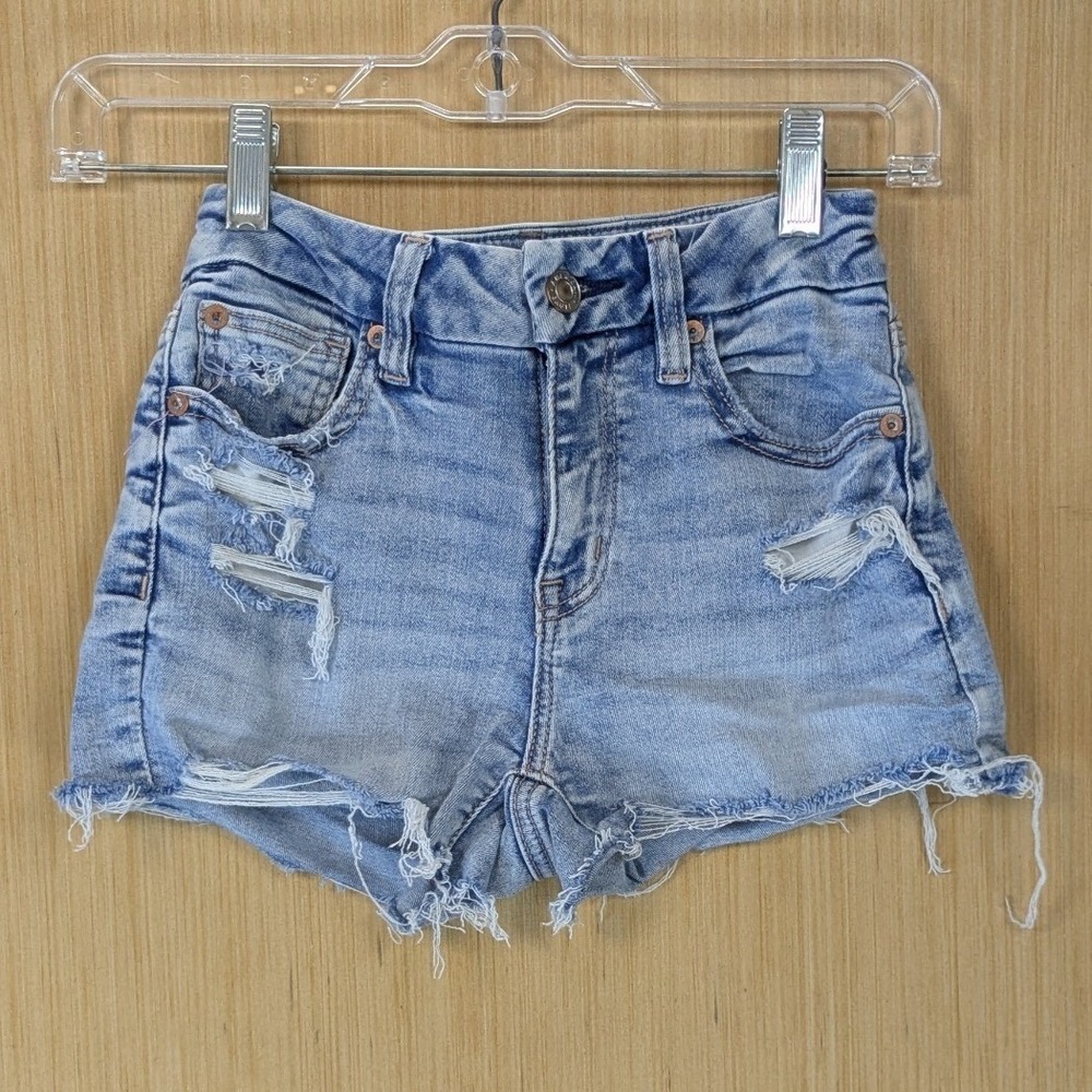 American Eagle Curvy High Rise Shortie Distressed Denim Jean Short Light Wash 00
